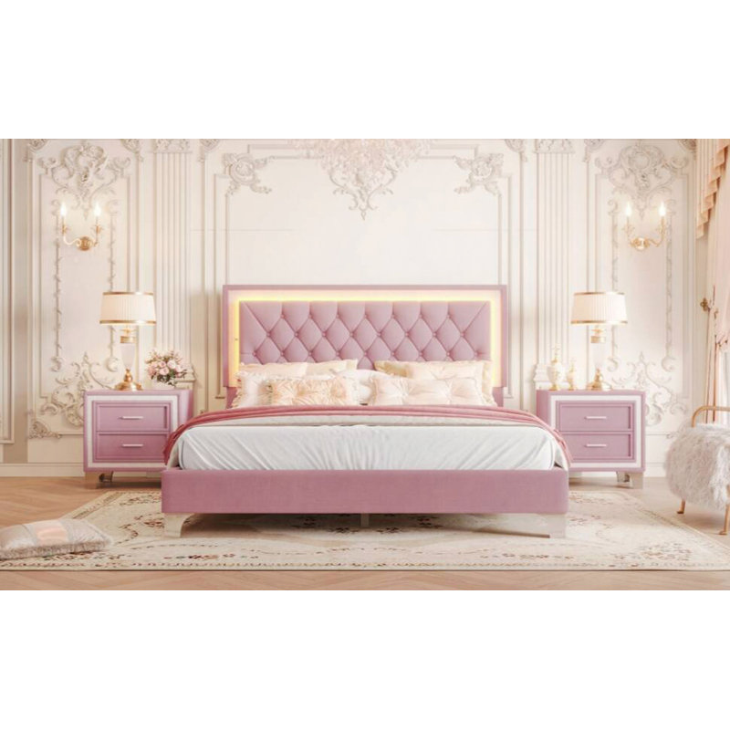 Upholstered Bed Frame With LED Lights,Modern Velvet Platform Bed With Tufted Headboard