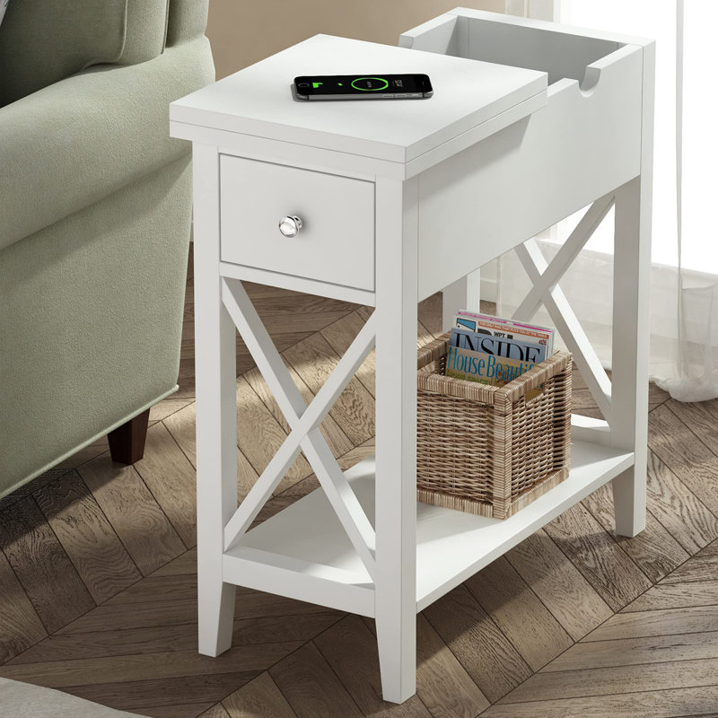 Table de bout à 2 tiroirs, table de bout étroite avec tiroir et petite table de chevet d'appoint, Blanc