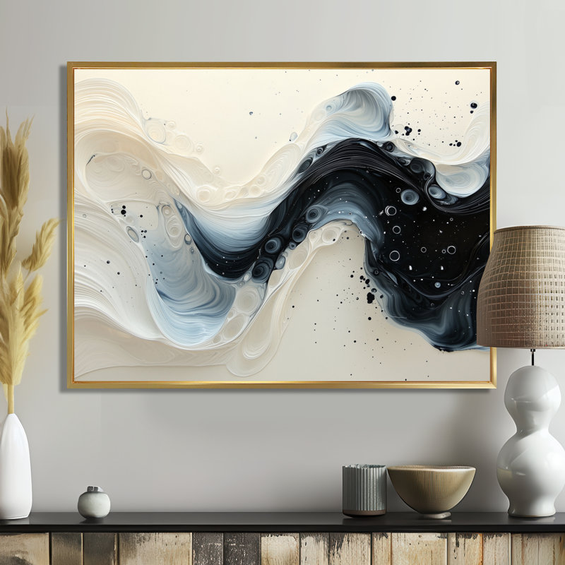 Chesham noir et blanc, Sprial, encre rythmique, rivière I - goutte, art mural, H 30 po x l 40 po, Doré