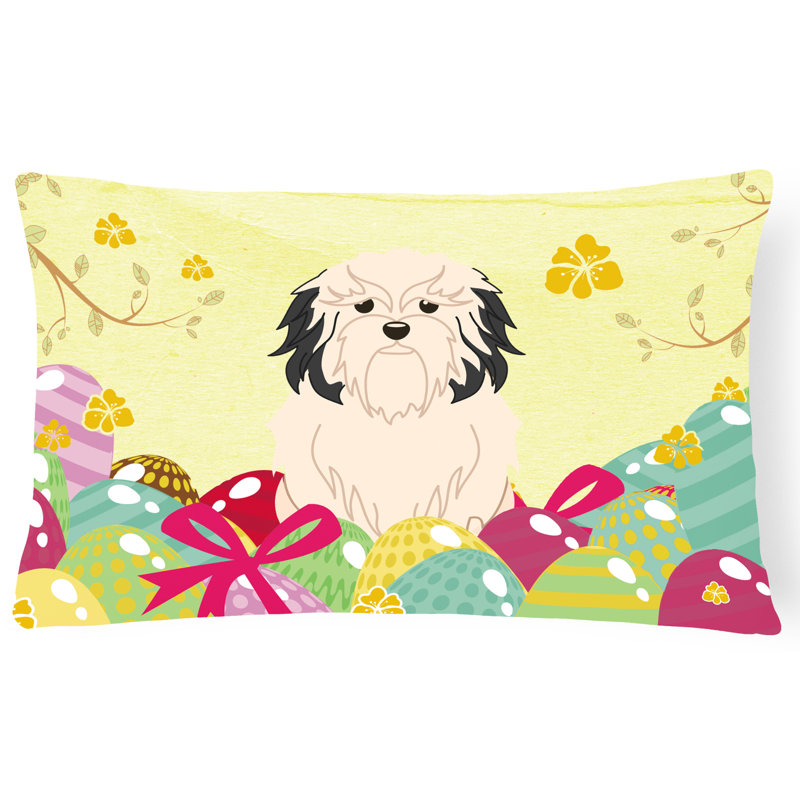 Coussin petit chien lion de pâques œufs