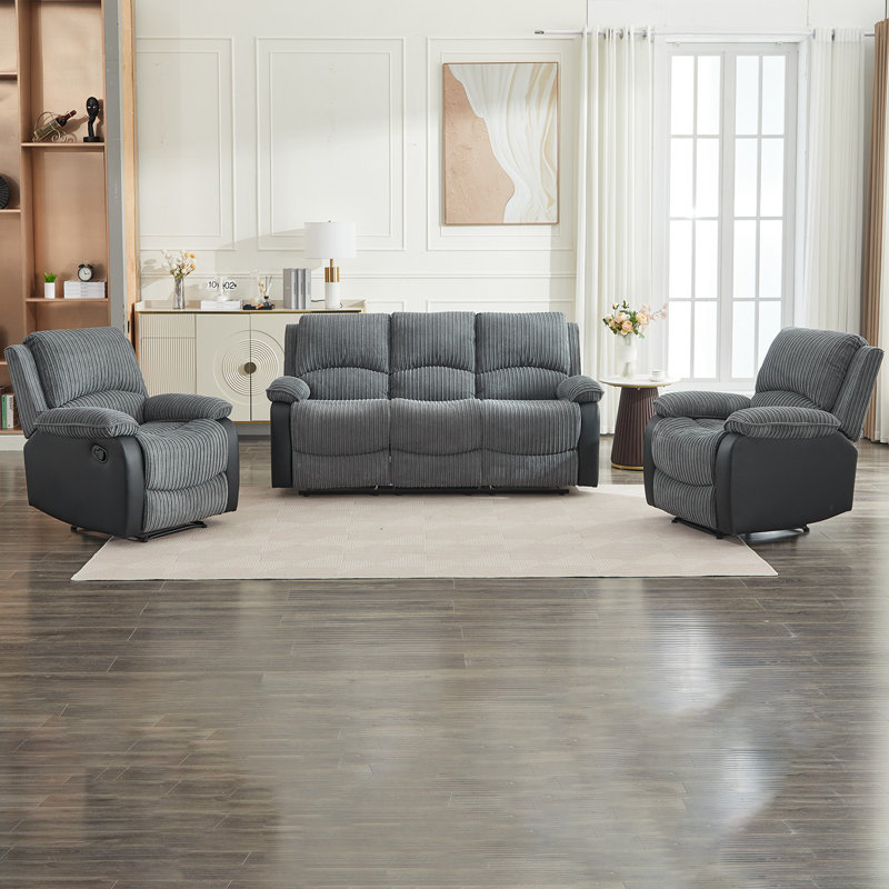Reclining Sofa Sectional Recliner Plush Corduroy Couches Set Sofa, Manual - Push Button