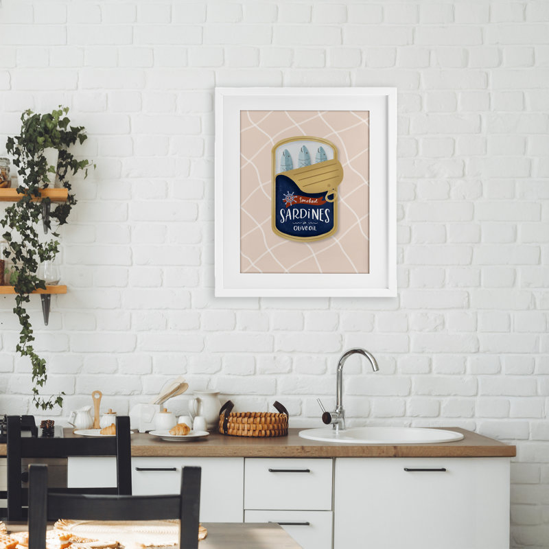 Nautique sardines, impression sous verre encadrée, design par Sandra Picco, H 21 po x l 17 po, Cadre blanc côtier