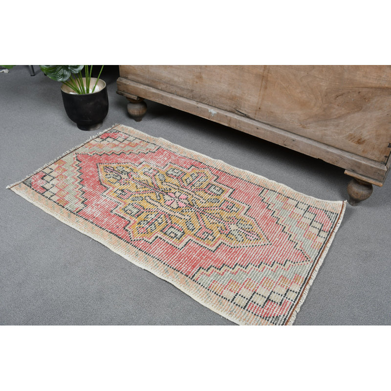 Tapis turc vintage en laine Oushak rouge pour porte d'entrée et petits espaces 12837 - rouge / jaune