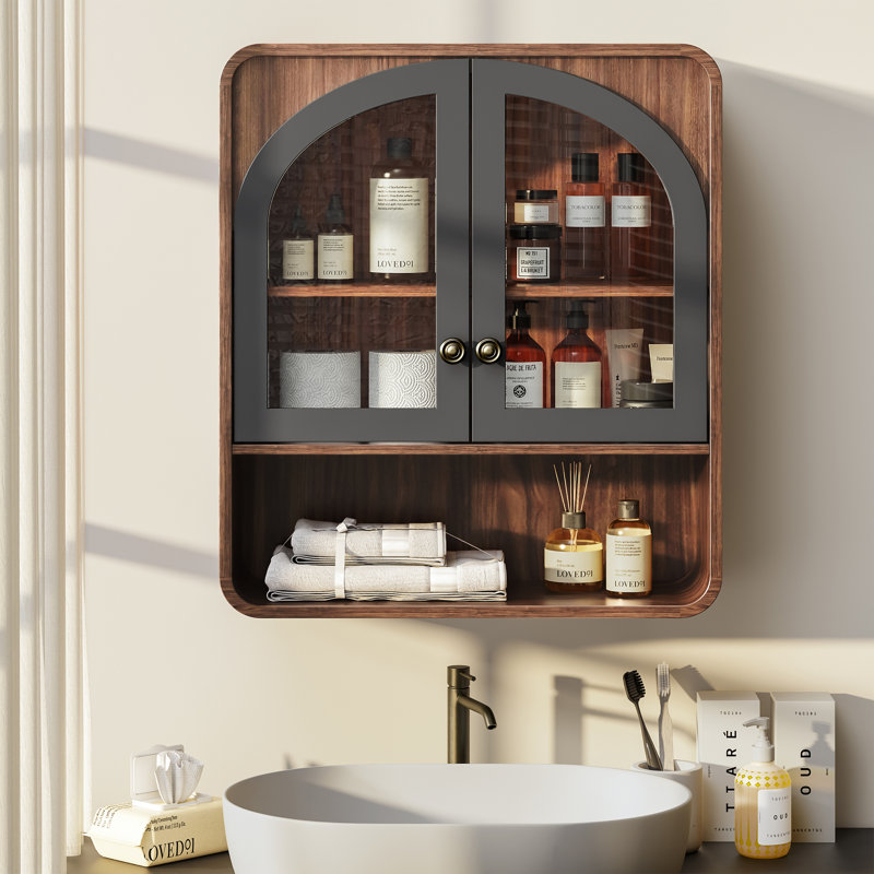 27" H Wall Mounted Bathroom Cabinet, Wooden Medicine Cabinet with Arched Glass Door & Adjustable Shelf, Open Shelf, Hanging Organizer for Living Room, Kitchen, Walnut Brown