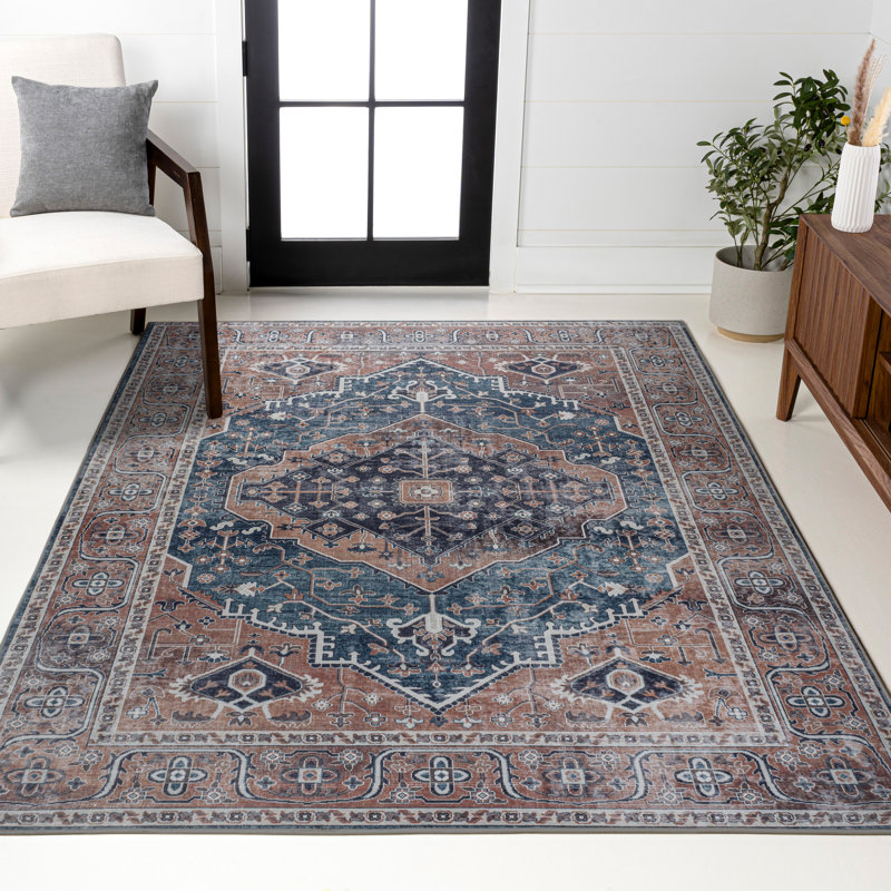 Tapis bleu marine / brun Alacati Ogee Medallion, Rectangle 3 pi 11 po x 6 pi