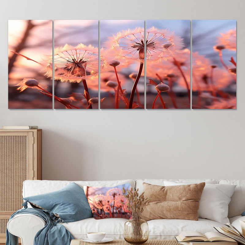 Ensemble de 5 décorations murales Delicate Calm Dandelion Serenity II - Fleurs, H 28 po x l 60 po