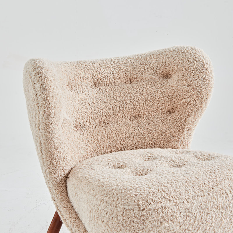 Tissu Sherpa couleur chameau, pieds en bois brun, fauteuil avec accoudoirs sans oreilles et repose-pieds, Chameau