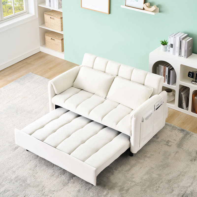 Lit moderne beige de 52 po, convertible 3 en 1 pour l'espace de vie, la chambre d'amis, la chambre, avec coussins, poches, rembourrage en éponge, structure en bois massif, décoration intérieure en velours, rembourrage et structure à panneaux en bois