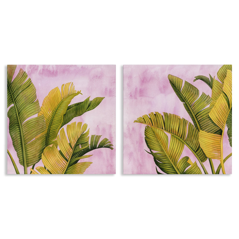 «Pink & Palms Leaves», ensemble d'art mural sur toile 2 pièces, design par Grace Popp, H 17 po x l 34 po