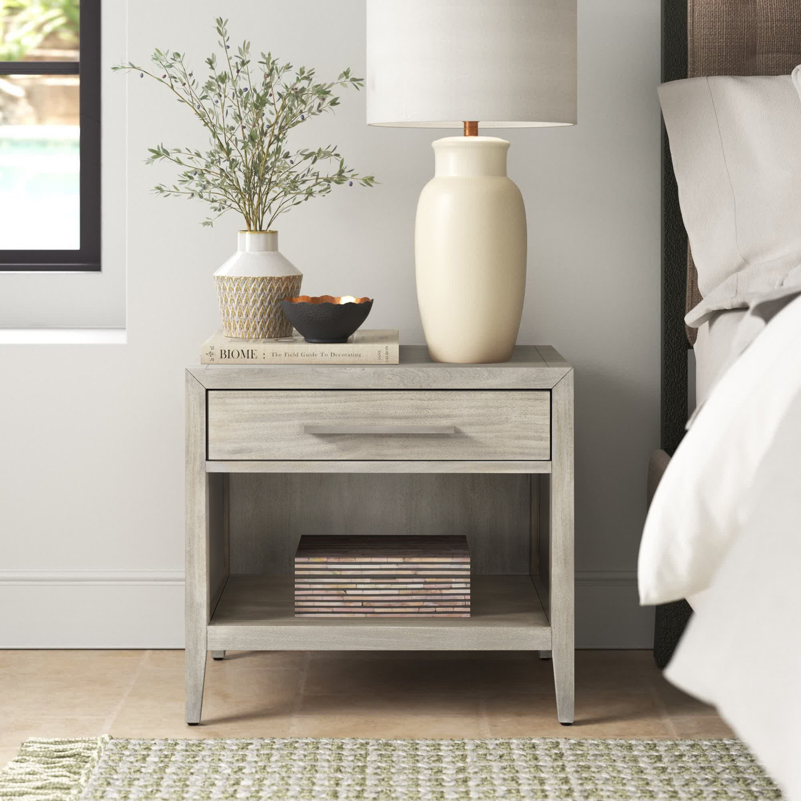 Pama 1-Drawer Mahogany Nightstand, Light Gray