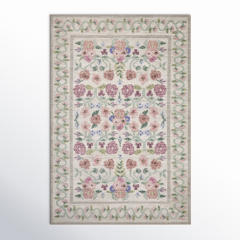 Ivory Floral Synthetic 5' x 7' Rectangular Area Rug
