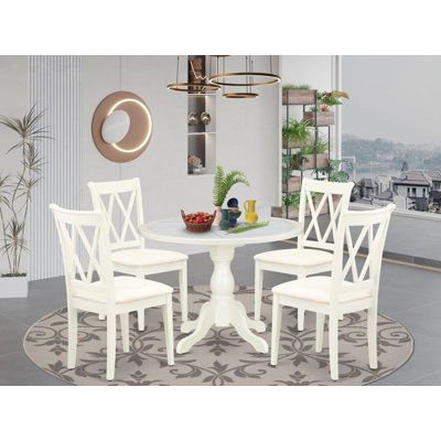 Ensemble de table de 5 pièces comprenant une table ronde et 4 chaises Parsons en tissu de lin avec double dossier en X - Lin blanc