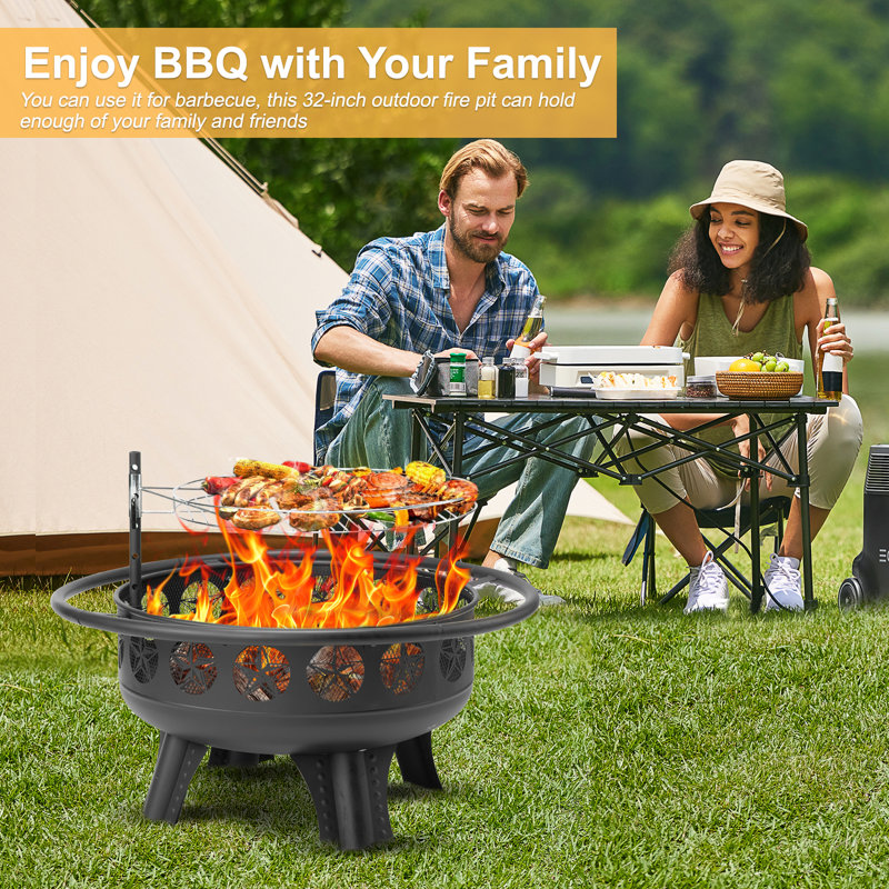 32" Black Steel Wood Burning Fire Pit Table with Grill & Lid