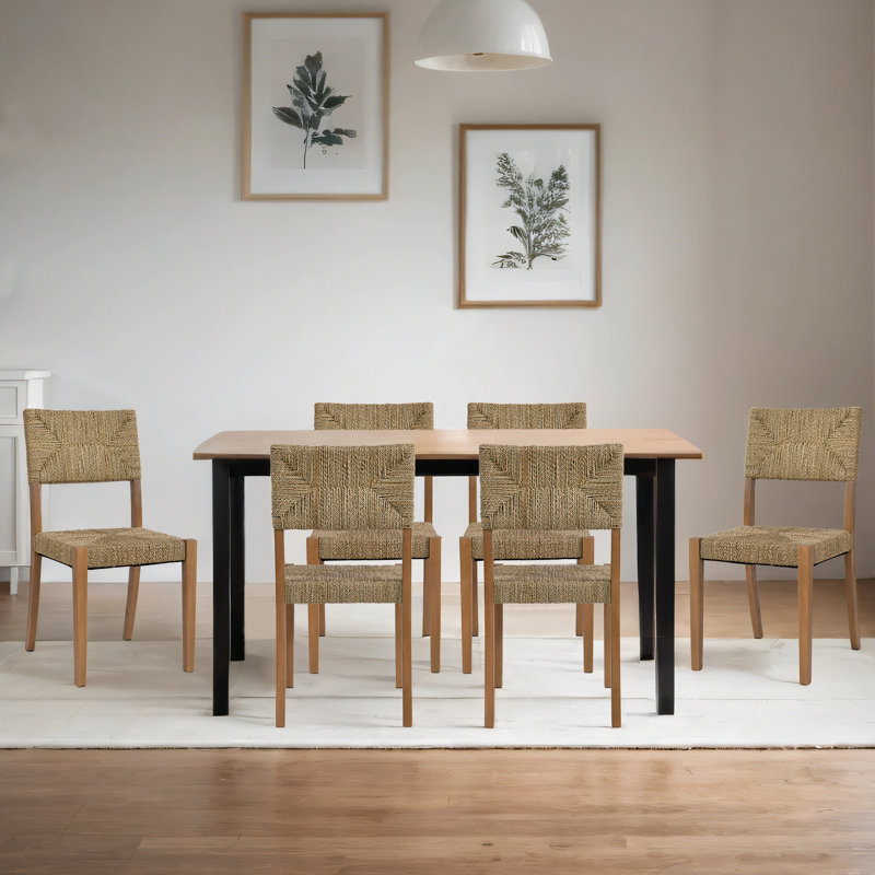 21" Wide Rustic Farmhouse Style Solid Wood Woven Back Ratten Dining Chair Set, 6
