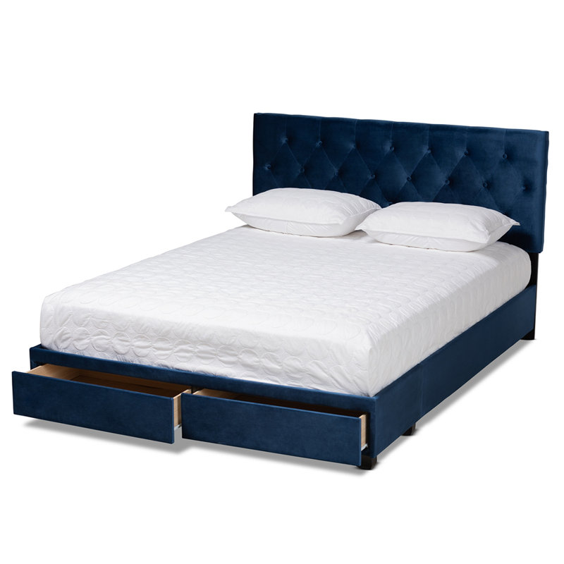 Lit plateforme tapissier avec rangement à profil bas Plattsmouth, Grand, Bleu marine
