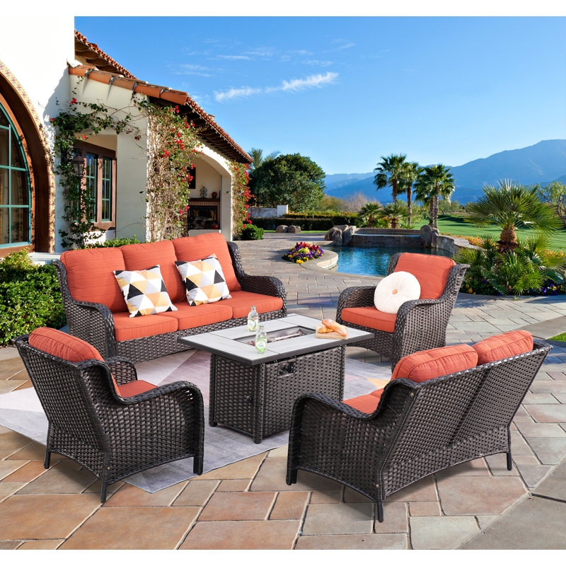 Ensemble de terrasse pour 7 personnes avec coussins et foyer d'extérieur, ensemble de patio en osier toutes saisons, Marine