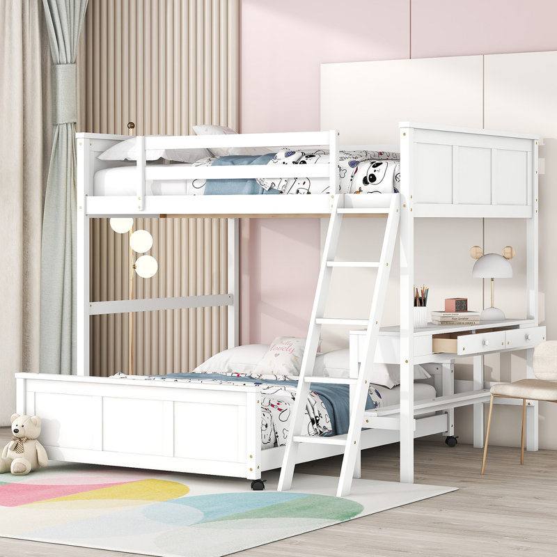 Lit superposé avec bureau, Double sur double, Blanc