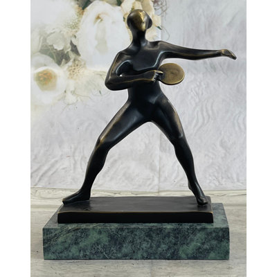 Randolph Ping Pong Bronze Metal Sculpture Statue Trophy Figure on Green Marble Base