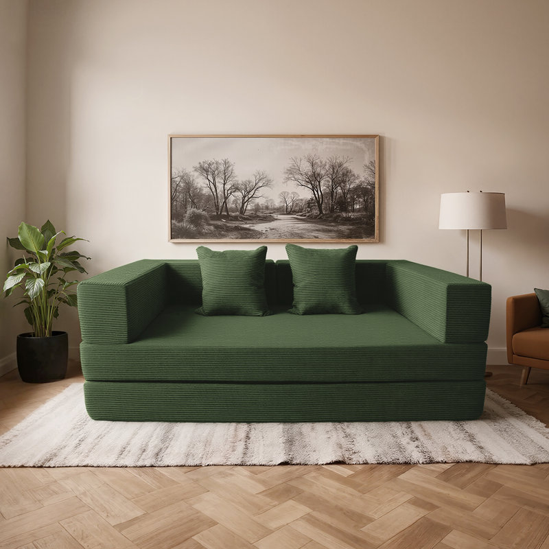 82" Convertible Sofa Bed, Compression Foam Couch with 4 Fixed Shelves & 2 Storage Bags, Modular Pull-Out Couch with High-Resilience Foam, Corduroy Folding Sofa Bed for Living Room, Bedroom，Green