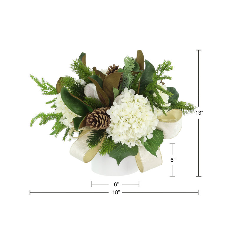 Holiday Arrangement with Hydrangeas, Pinecones and Bows, White
