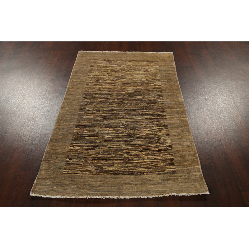 Tapis beige noué à la main de conception unique 3 pi 5 po x 5 pi 2 po