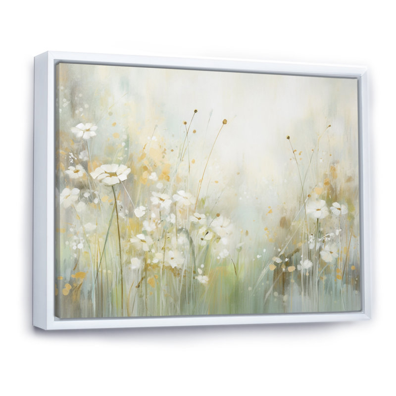 «Green Beige Serene Meadows II - Abstract Botanicals», art mural, H 30 po x l 40 po x P 1,5 po, Cadre flottant blanc