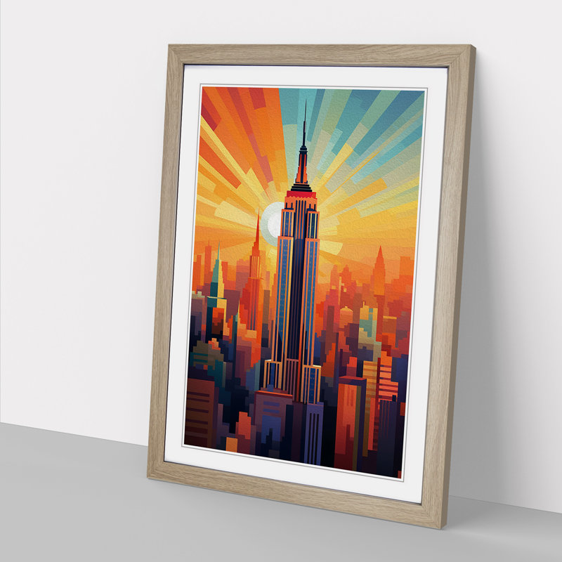 Empire State Building Orphism No.3 - Single Picture Frame Print on Wood, 46cm H x 34cm W x 2cm D, Oak