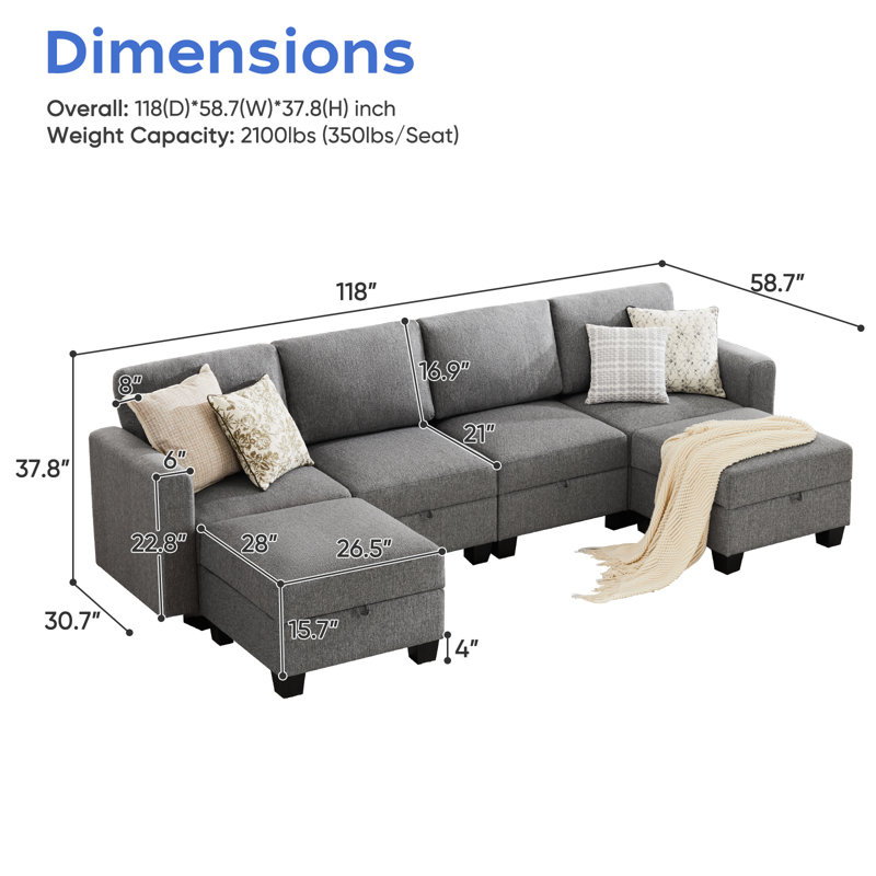 Canapé modulaire rembourré 6 pièces Ilyes, Lin gris
