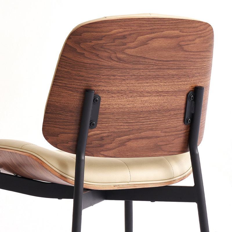 Mid Century Modern Dining Chairs with Walnut Grain Back, Beige Faux Leather Dining Room Chairs Set of 2, Checkered Soft Cushion Kitchen Chairs with Adjustable Foot Pads