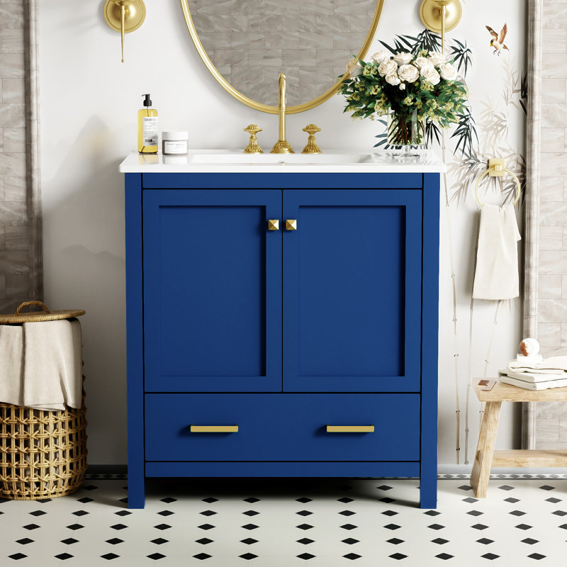 Meuble-lavabo 30 po avec lavabo simple en céramique avec tiroir, porte et armoire de rangement, Bleu, Doré
