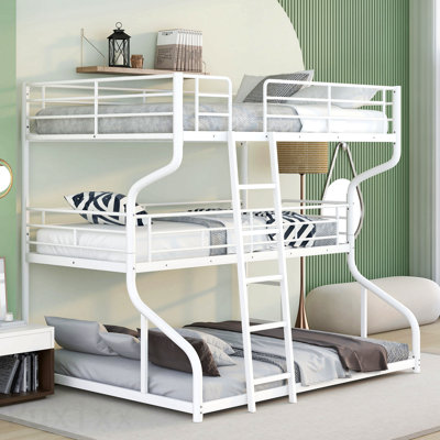 Full Xl Over Twin Xl Over Queen Size Triple Bunk Bed With Long And Short Ladder,White