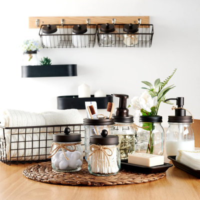 6Pcs Mason Jars Bathroom Accessories Set Complete - Toothbrush Holder, Lotion Soap Dispenser, 2 Mason Jars, Soap Dish, Toilet Paper Basket, Rustic Farmhouse Decor
