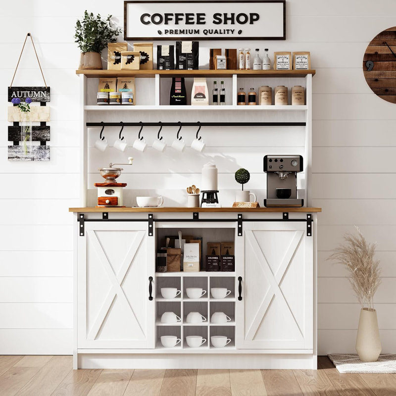 Abrianna Farmhouse Coffee Bar Cabinet with Storage, 47” Wine Bar, Wine Racks for Dining Room kitchen, White