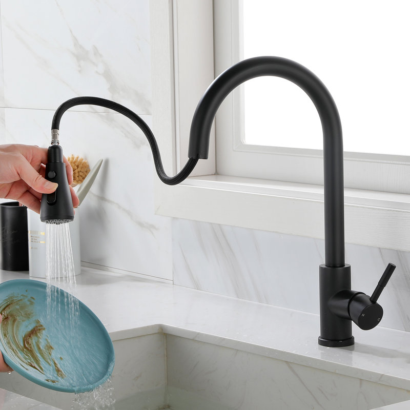 Modern Matte Black Pull Out Spray Kitchen Faucet, Stainless Steel Made, Easy To Control Water Flow And Temperature With Single Handle Contemporary Finish, Steel, Delivers A Sleek Practical Supply Your