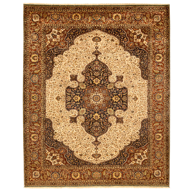 Tapis crème et rouge noué à la main de haute qualité