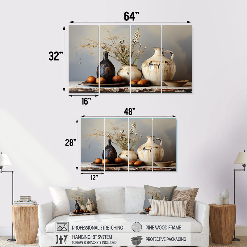 Art floral blanc potier rétro - art mural 4 pièces Boho Pottery, H 32 po x l 64 po