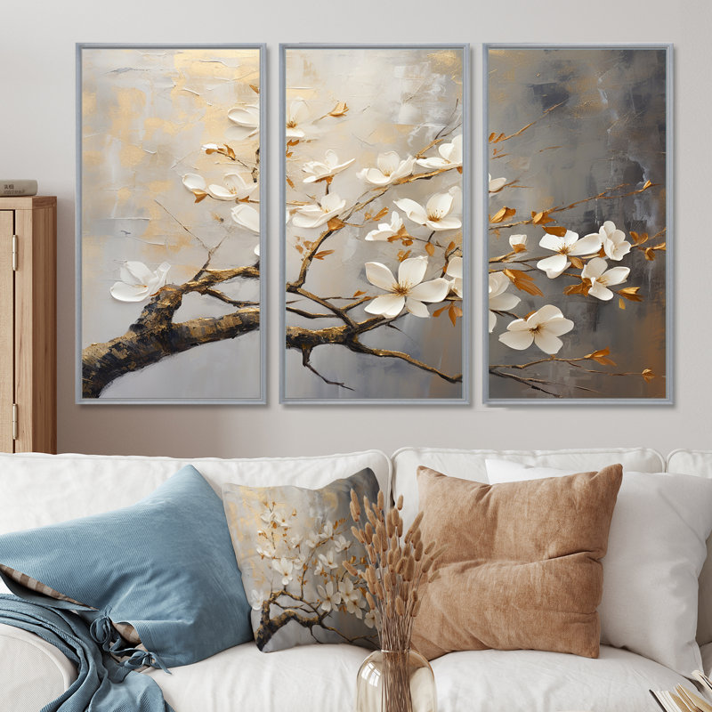 Arbre floral doré et gris sérénité - oiseau, art mural, H 28 po x l 36 po, Toile tendue