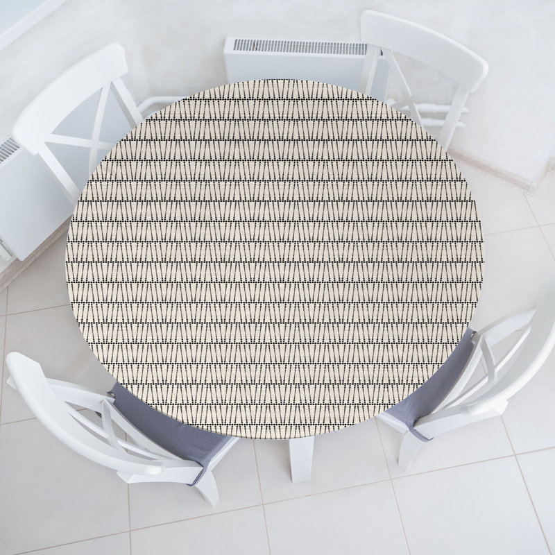Ebern Designs Abstract Fitted Round Tablecloth Diameter Eggshell Charcoal Grey, 67.72" Round