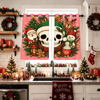 2 pièces crâne de Noël bonhomme de neige renne père Noël rideaux occultants imprimés, rideaux de fenêtre festive pour chambre à coucher salon décor à la maison