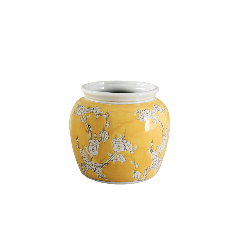 Vase oriental en céramique, motif floral prune jaune avec motif de branche blanche, vase en porcelaine d'inspiration chinoise pour table, manteau de cheminée ou entrée, 6 po de diamètre et 6 po de hauteur