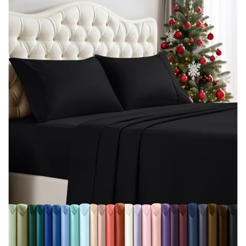 Full Sheet Set – 4 Piece Bed Sheets For Full Size Bed, Soft And Breathable Microfiber, Includes 1 Fitted Sheet, 1 Flat Sheet And 2 Pillowcases (Black)
