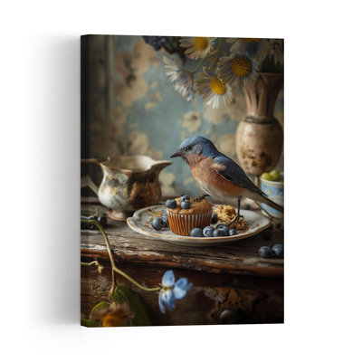 Bluebird Blueberry Muffin Elegant Peaceful Rustic Bluebird Bird Daisy Fruit Nature Wall Art Print 1 Piece Wrapped Canvas Wall Art