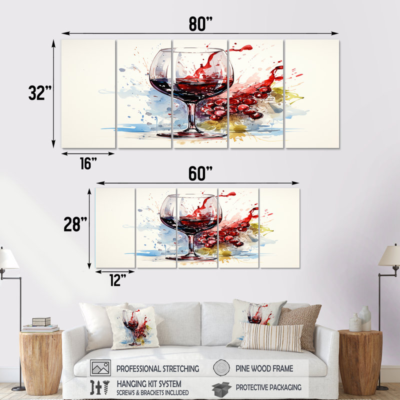 Grape Elegantburgundy Wine I - Ensemble d'art mural 5 pièces, H 32 po x l 80 po