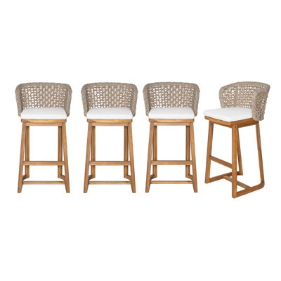 Outdoor Acacia Wood Bar Stools (4 PCS) with Cushions, Wicker Back, for Patio, Poolside, and Kitchen Island