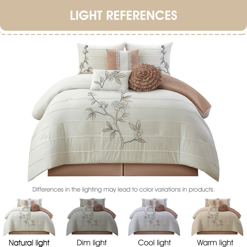 Ensemble d'édredon floral en microfibre 7 pièces Raina, Édredon très grand californien + 6 pièces suppl, Rosé / blanc
