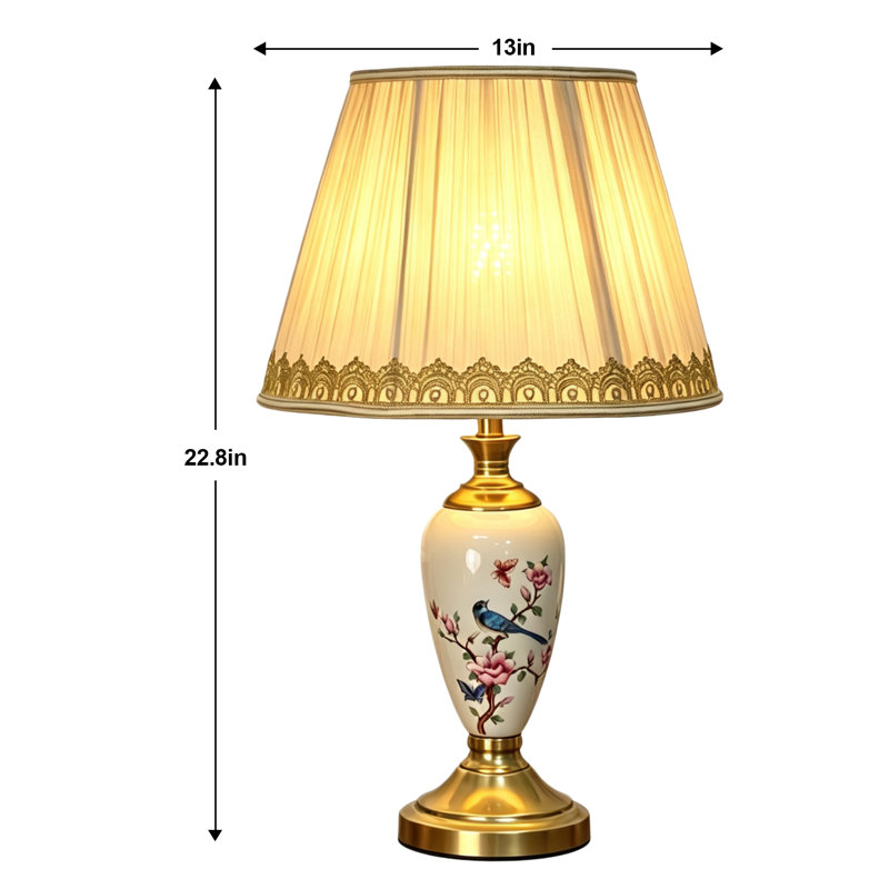 Lampe de table en céramique 22,8 po avec motif floral et base en métal doré, lampe de chevet traditionnelle pour chambre