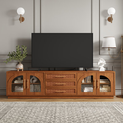 Meuble télé 78,7 po avec portes et tablettes en verre arqué, meuble télé de style Mid-Century pour téléviseur de 100 po ou moins