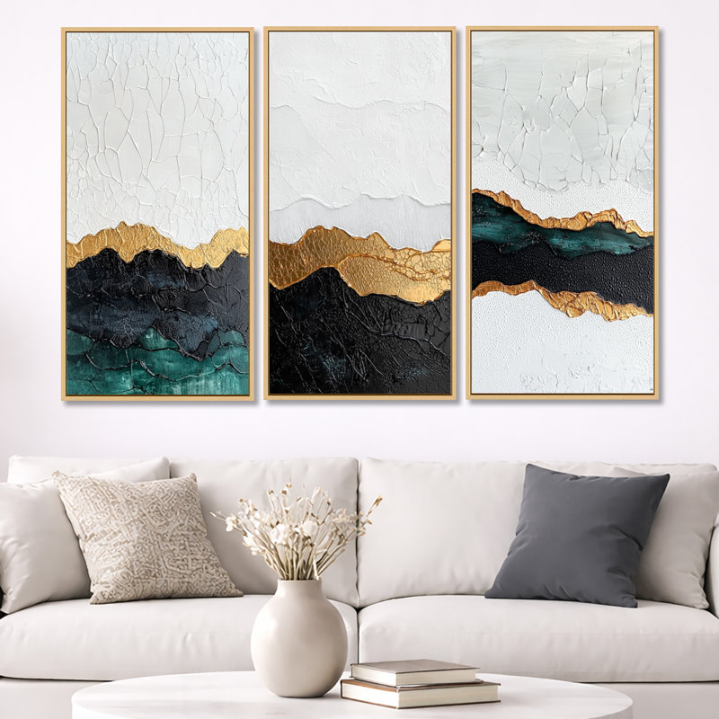 Cadeau doré de l'horizon lumineux - décoration murale abstraite encadrée 3 panneaux, Cadre flottant en bois naturel