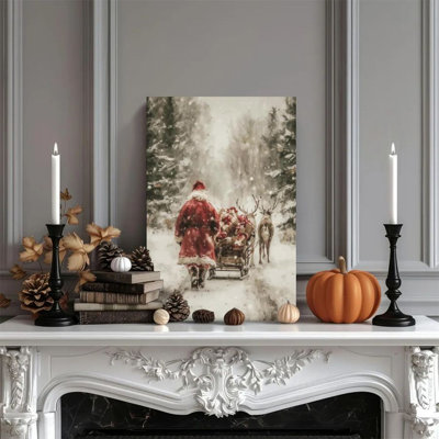 1 pièce encadrée Alvord, peinture de père Noël, traîneau de rennes dans la neige, style peinture à l'huile impressionniste. Affiche murale décorative rétro pour la décoration intérieure, œuvre d'art moderne, cadeau parfait pour la chambre à coucher et le salon
