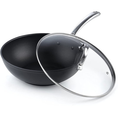 Cooks Standard Classic 11 Inch Nonstick Wok Pan with Lid, Hard Anodized Non Stick Deep Frying Pans, Flat Bottom Wok for Stir Fry, Dishwasher & Oven Safe, Black